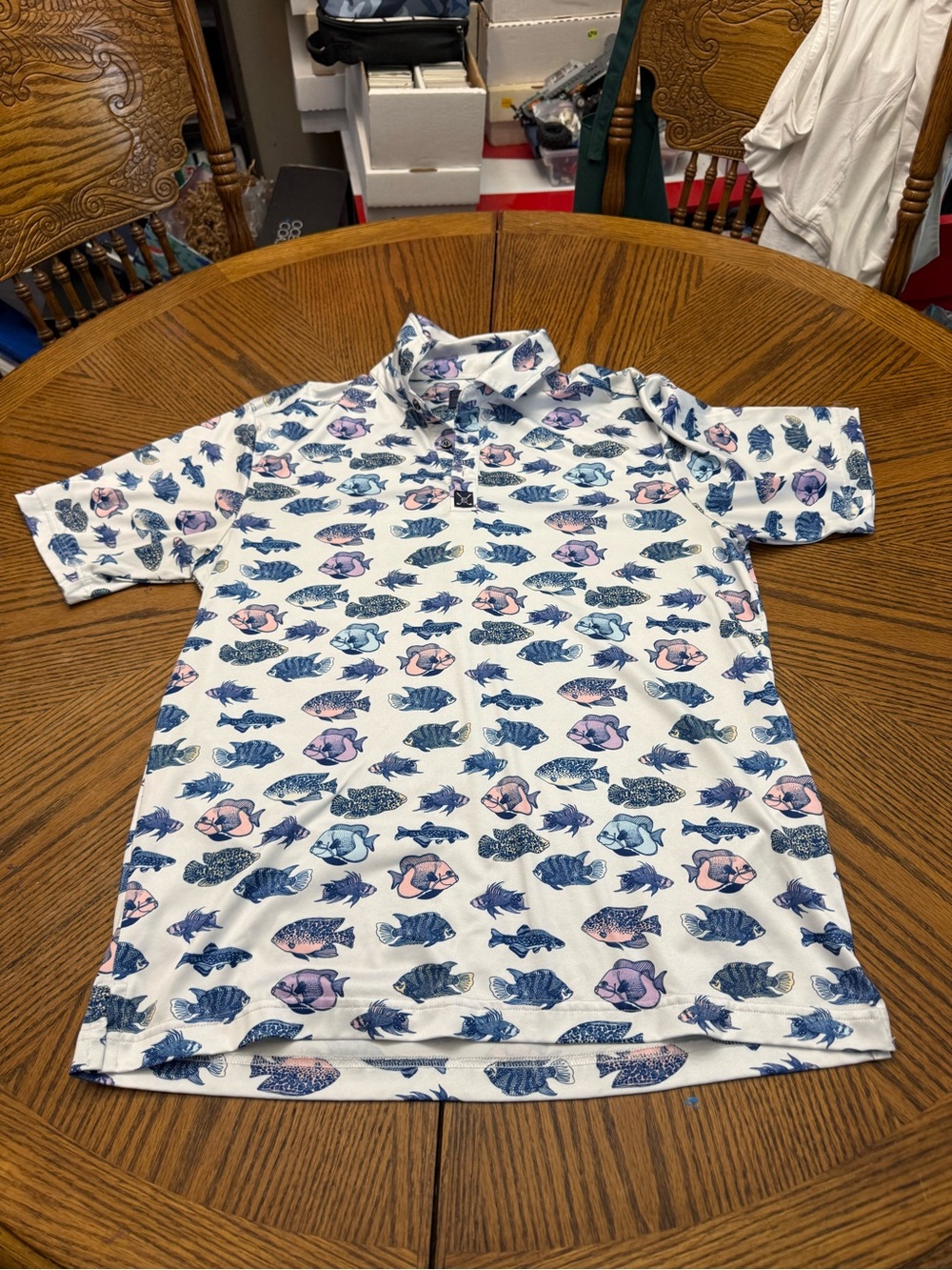Construct Golf Cream Polo with Blue and Pink Fish Print